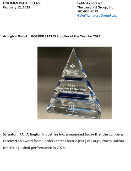 Preview of the press release Border States Supplier of the Year for 2024 Award